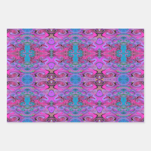 Vibrant Liquid Art Patterns in Purple, Pink & Blue Wrapping Paper Sheets (Front)