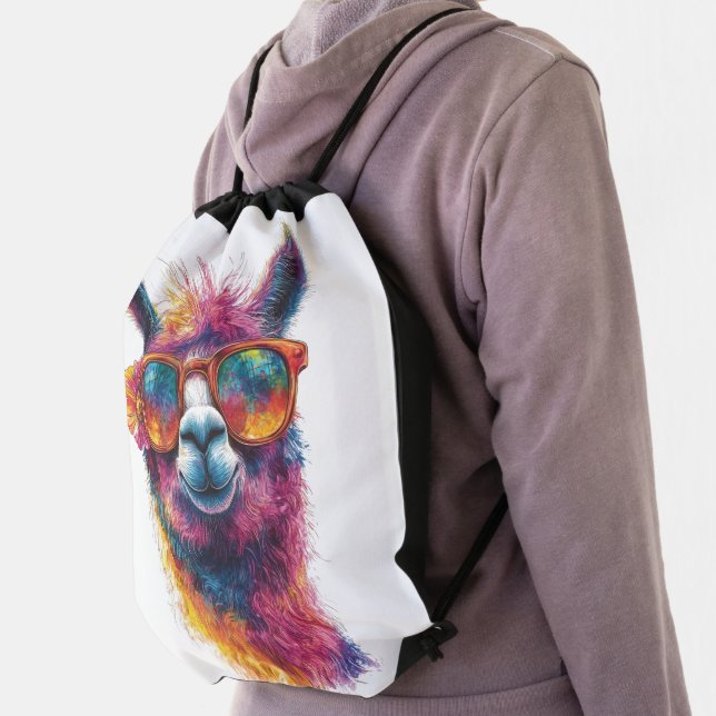 Vibrant Llama Head Illustration – Colorful, Unique Drawstring Bag (Insitu)