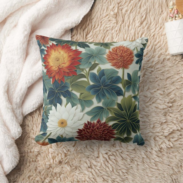 Vibrant Lotus and Chrysanthemum Design Throw Pillow (Blanket)