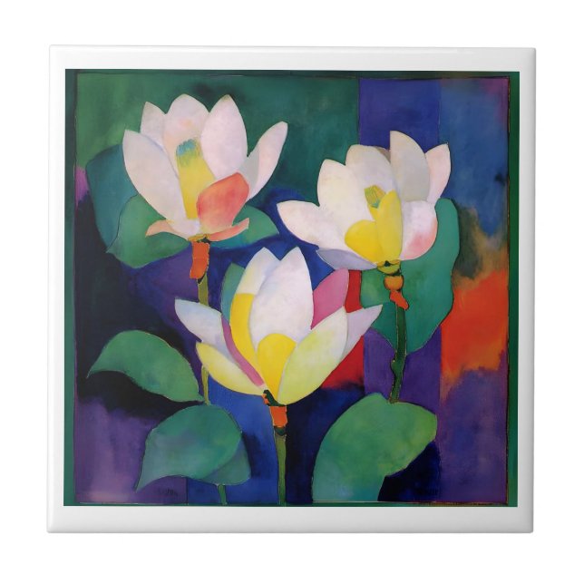 Vibrant Lotus Flowers - Modern Watercolor Wall Art Ceramic Tile (Front)