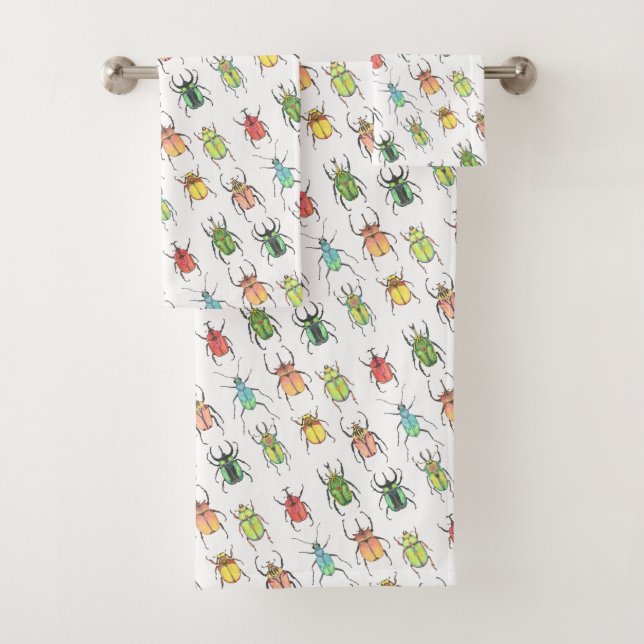 Vibrant Love Bugs Watercolor Beetles Bath Towel Set (Insitu)