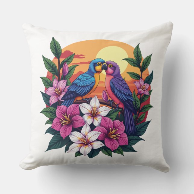 Vibrant Lovebirds at Sunset with Tropical Flowers Throw Pillow (Front)
