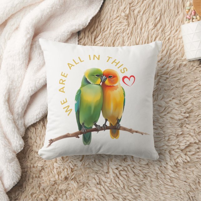Vibrant Lovebirds & Hearts Watercolor Illustration Throw Pillow (Blanket)