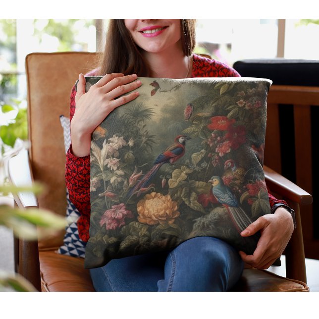 Vibrant Macaw & Golden Peony Botanical Art Throw Pillow (Creator Uploaded)