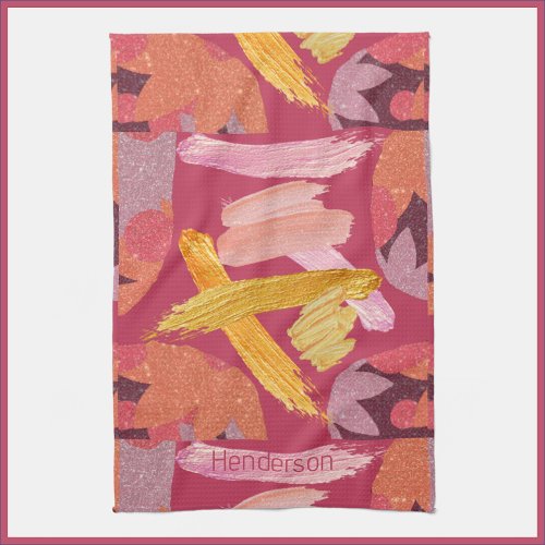 Vibrant Magenta and Gold Abstract Kitchen Towel