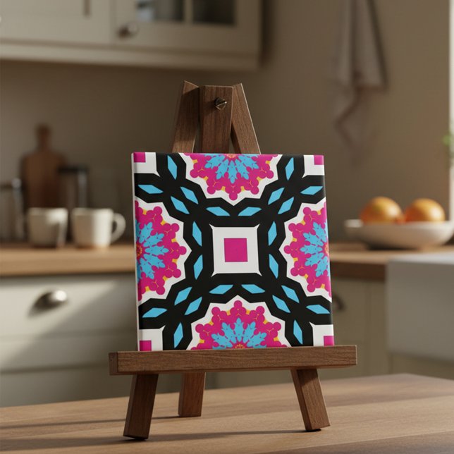 Vibrant Magenta Blue Black White Geometric Mosaic Ceramic Tile (Creator Uploaded)