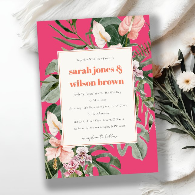 Vibrant Magenta Blush Boho Tropical Floral Wedding Invitation (Creator Uploaded)