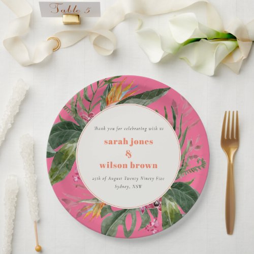 Vibrant Magenta Blush Boho Tropical Floral Wedding Paper Plates