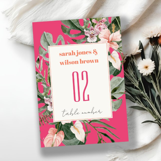 Vibrant Magenta Blush Boho Tropical Floral Wedding Table Number (Creator Uploaded)