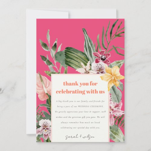 Vibrant Magenta Blush Boho Tropical Floral Wedding Thank You Card