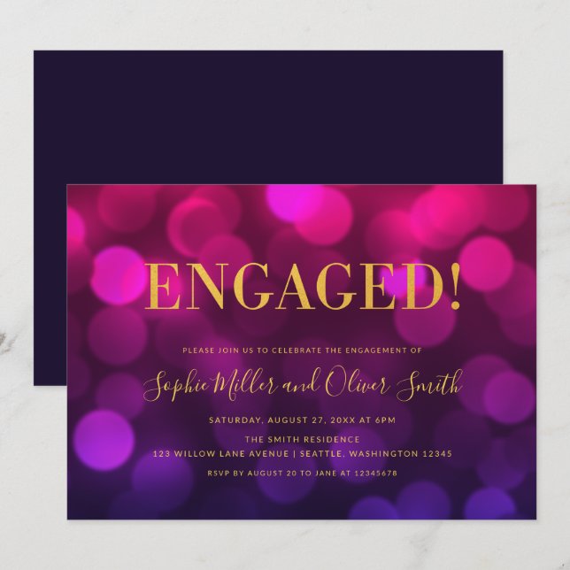Vibrant Magenta Bokeh Faux Gold Engagement Party Invitation (Front/Back)