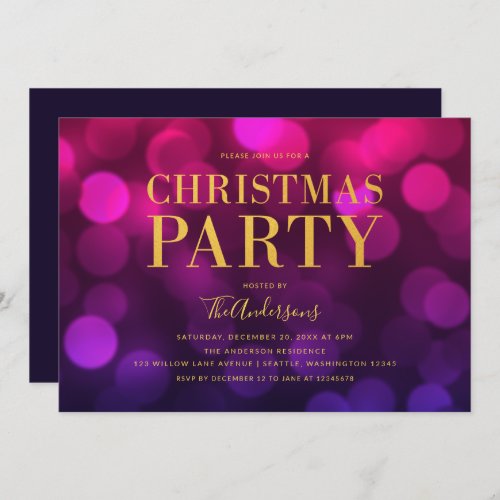 Vibrant Magenta Bokeh Lights Gold Christmas Party Invitation