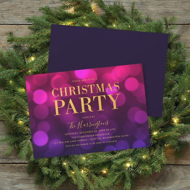 Vibrant Magenta Bokeh Lights Gold Christmas Party Invitation (Creator Uploaded)