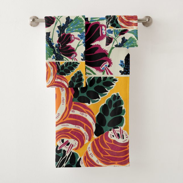 Vibrant Magenta & Orange Abstract Flower Art Bath Towel Set (Insitu)