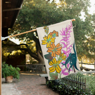 Vibrant Magenta & Orange Art Deco Flower Art House Flag