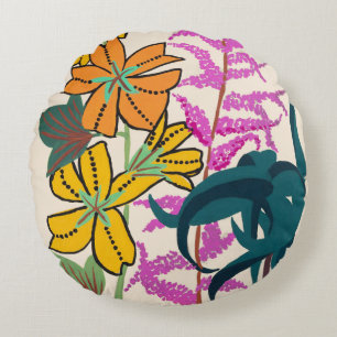 Vibrant Magenta & Orange Art Deco Flower Art Round Pillow