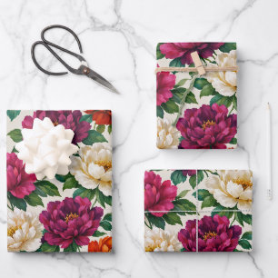 Vibrant Magenta Orange Peony Floral Pattern Wrapping Paper Sheets