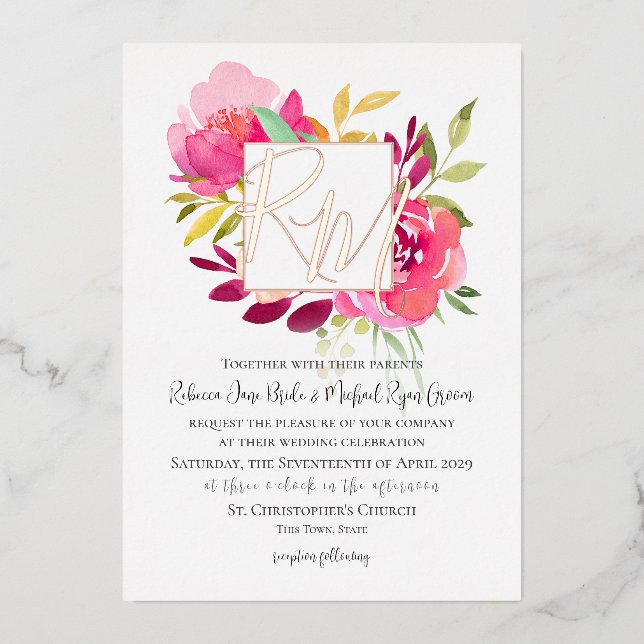Vibrant Magenta Pink Tropical Garden Floral Foil Invitation (Front)