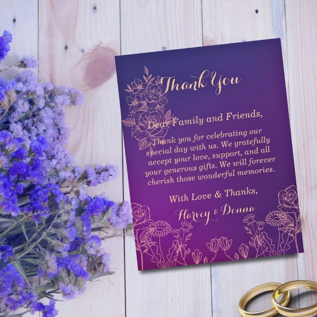 Vibrant Magenta Purple with Floral lined Wedding Thank You Card (Creator Uploaded)
