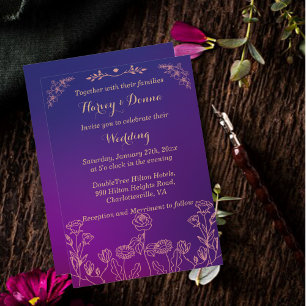 Vibrant Magenta Purple with lined floral Wedding Invitation