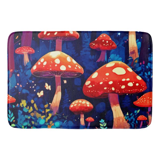 Vibrant Magic Mushroom Forest Art Bath Mat (Front)