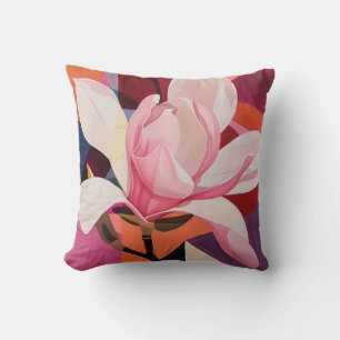 Vibrant Magnolia Bloom in Geometric Light Throw Pillow