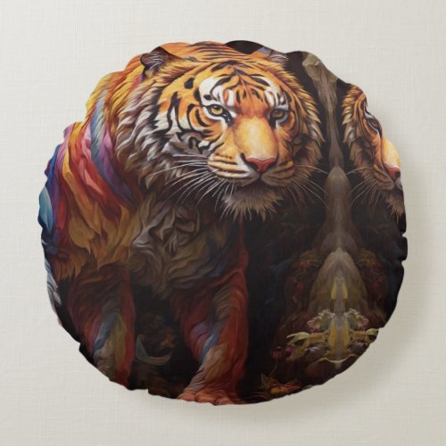 Vibrant Majesty Rainbow Color Painting of Tiger Round Pillow