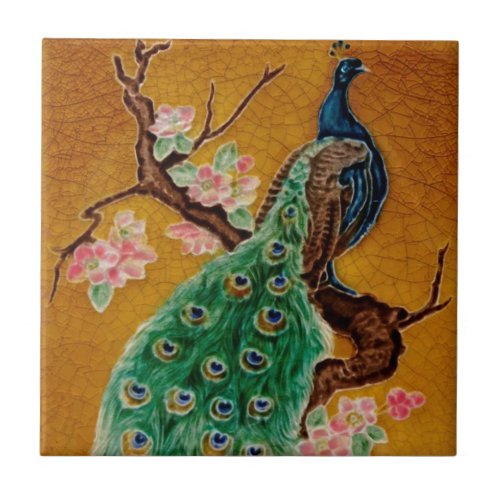 Vibrant Majolica Peacock Repro Antique Tile