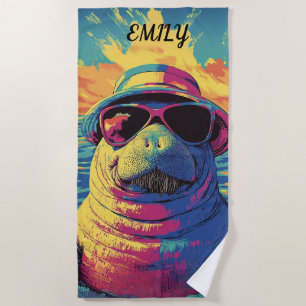 Vibrant Manatee Sunglasses Hat Bright Beach Colors Towel