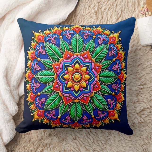 Vibrant Mandala Artistry Throw Pillow (Blanket)