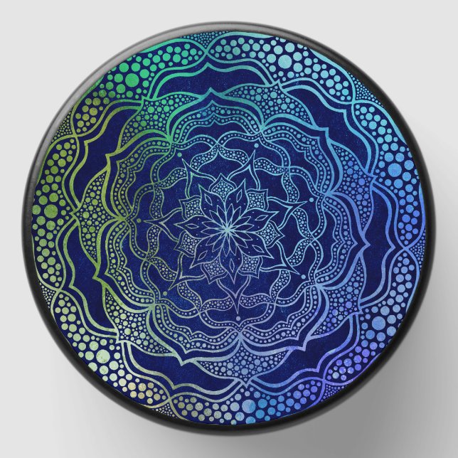 Vibrant Mandala Boho Chic Elegant Navy Blue Green Mini Candle Favors (Front)
