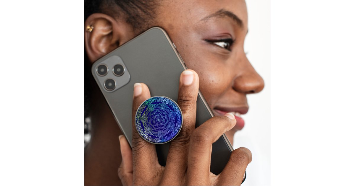 Vibrant Mandala Boho Chic Elegant Navy Blue Green PopSocket | Zazzle