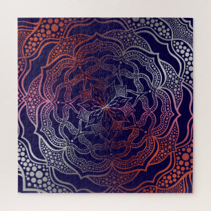 Vibrant Mandala Boho Chic Elegant Navy Rose Gold Jigsaw Puzzle