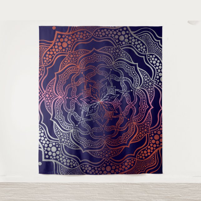 Vibrant Mandala Boho Chic Elegant Navy Rose Gold Tapestry (Front)
