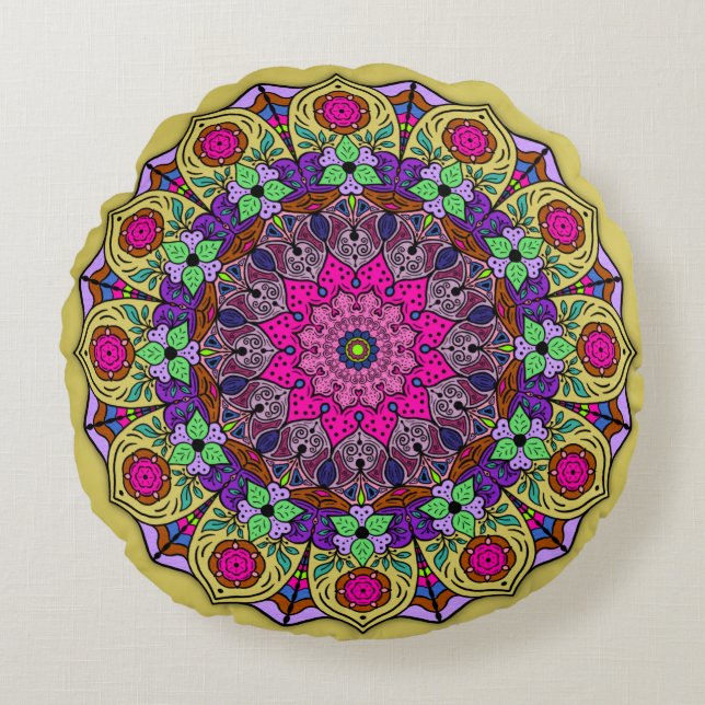 Vibrant Mandala Sunshine Yellow Pink Round Pillow (Front)