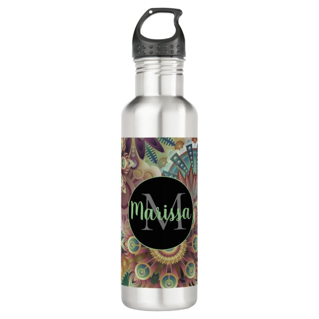 Vibrant Mandalas Monogram Stainless Steel Water Bottle (Front)