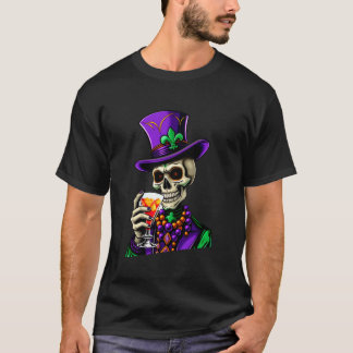 Vibrant Mardi Gras 2024 Sugar Color Skull Drinking T-Shirt