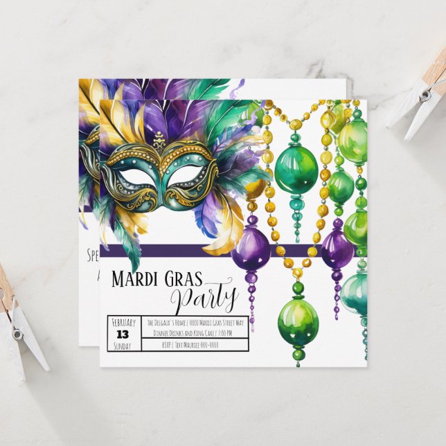 Vibrant Mardi Gras Mask and Beads Party Invitation (Front/Back In Situ)