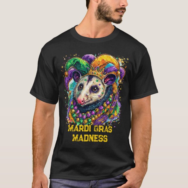 Vibrant Mardi Gras possum in jester mask and beads T-Shirt (Front)