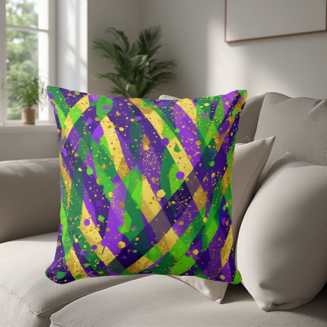 Vibrant Mardi Gras Purple Green Gold Cool Stripes  Throw Pillow (Vibrant Mardi Gras Purple Green Gold Cool Stripes Throw Pillow)