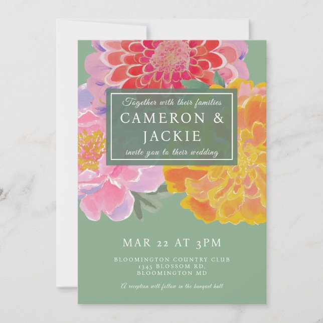 Vibrant Marigold and Zinnia Wedding Invitation (Front)