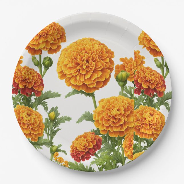 "Vibrant Marigold Print Paper Plates . (Front)