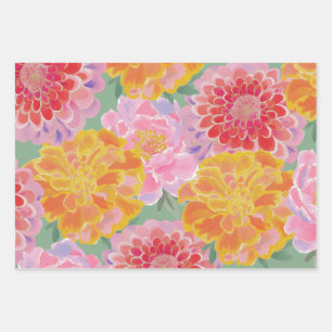 Vibrant Marigold Zinnia Summer Floral Wrapping Paper Sheets