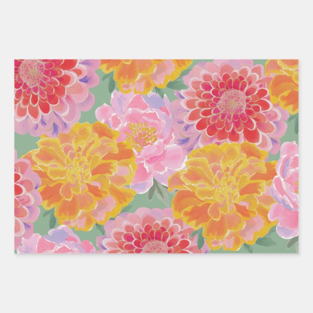Vibrant Marigold Zinnia Summer Floral Wrapping Paper Sheets (Front)