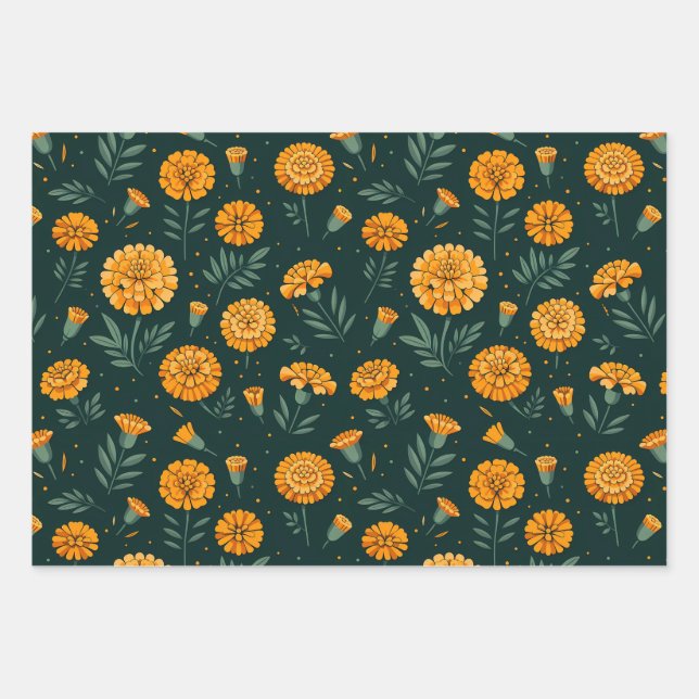 Vibrant Marigolds Pattern Wrapping Paper Sheets (Front)