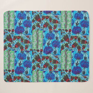Vibrant Maximalist Blue & Green Floral Art Sherpa Blanket