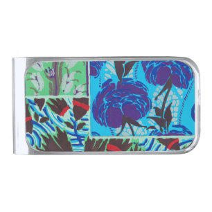 Vibrant Maximalist Blue & Green Floral Art Silver Finish Money Clip