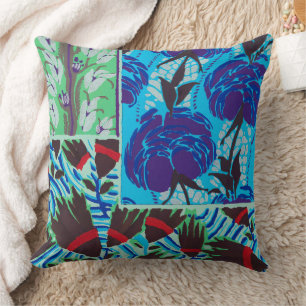 Vibrant Maximalist Blue & Green Floral Art Throw Pillow