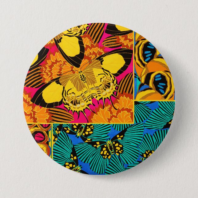 Vibrant Maximalist Pink & Teal Butterfly Art Button (Front)