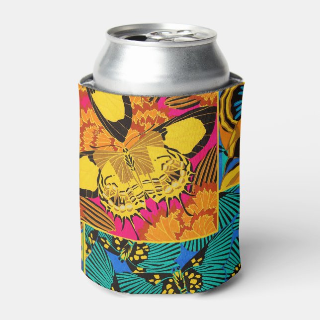 Vibrant Maximalist Pink & Teal Butterfly Art Can Cooler (Can Front)